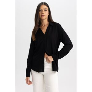 Defacto Woman Casual Regular Fit Shirt Neck Woven Long Sleeve Shirt – Black