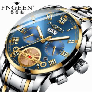 Fngeen – Men’s Quartz Watch Multi Functional Steel Band Watch-Silver