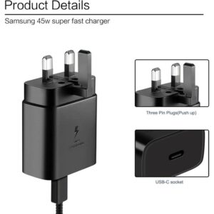 Samsung 45W Super Fast Charger – Adaptive Charging for Galaxy Note 20 Ultra, S20, S21, S22, S23 Ultra – Type-C to Type-C Cable Included